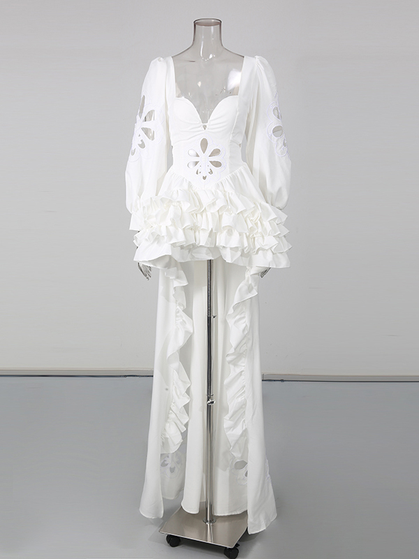TWOTWINSTYLE Puff Sleeve Hollow Out Irregular Hem Desig Dress