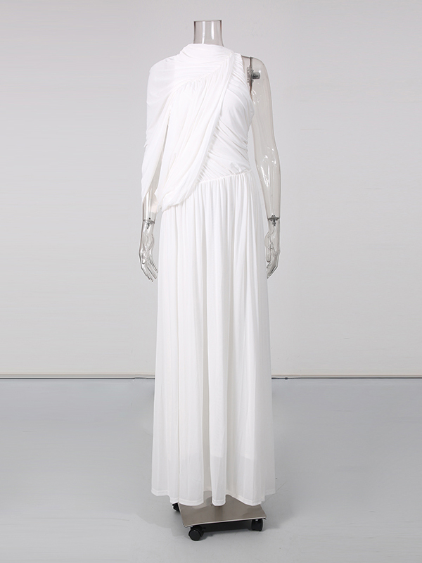 TWOTWINSTYLE Round Neck Off One Shoulder Ruched Elegant Dress