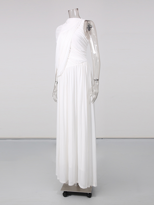 TWOTWINSTYLE Round Neck Off One Shoulder Ruched Elegant Dress