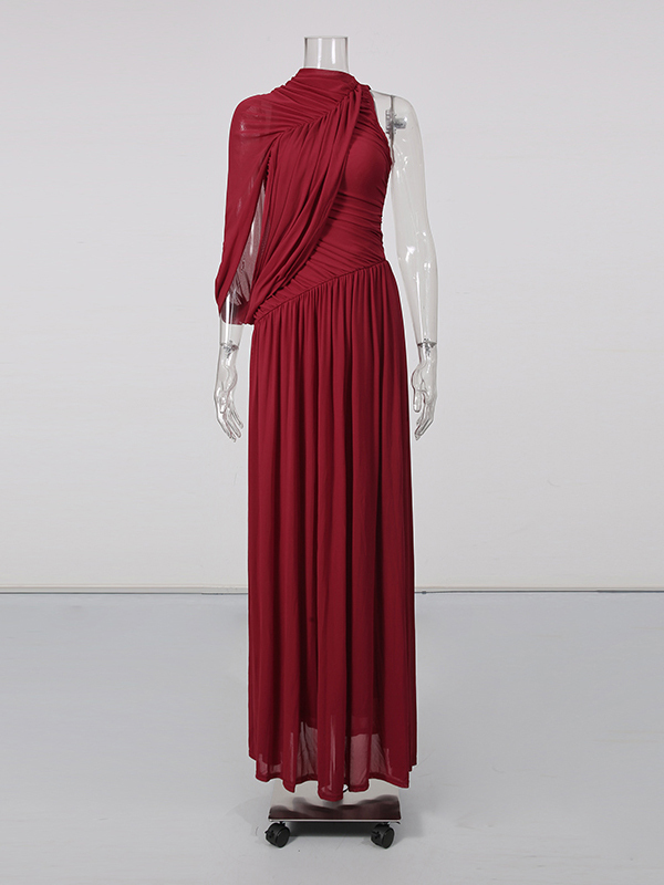 TWOTWINSTYLE Round Neck Off One Shoulder Ruched Elegant Dress