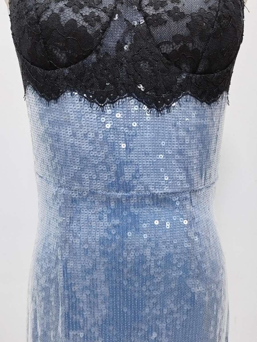 TWOTWINSTYLE Off Shoulder Hit Color Spliced Lace Sequins Fashion Dress