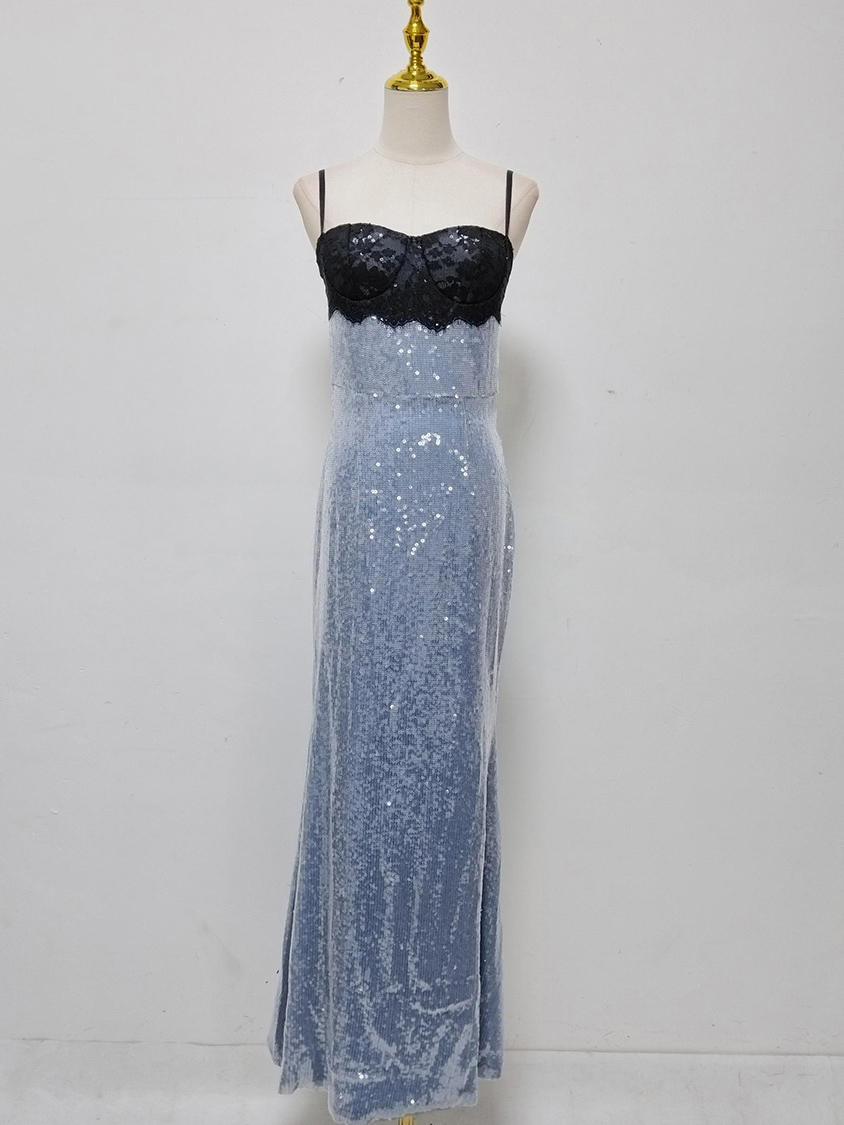 TWOTWINSTYLE Off Shoulder Hit Color Spliced Lace Sequins Fashion Dress