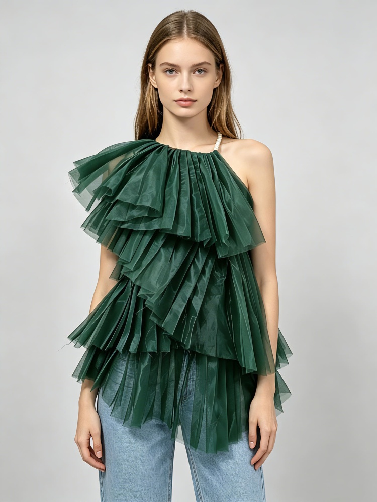 TWOTWINSTYLE Asymmetrical Pearl Halter Tulle Ruffle Shirt
