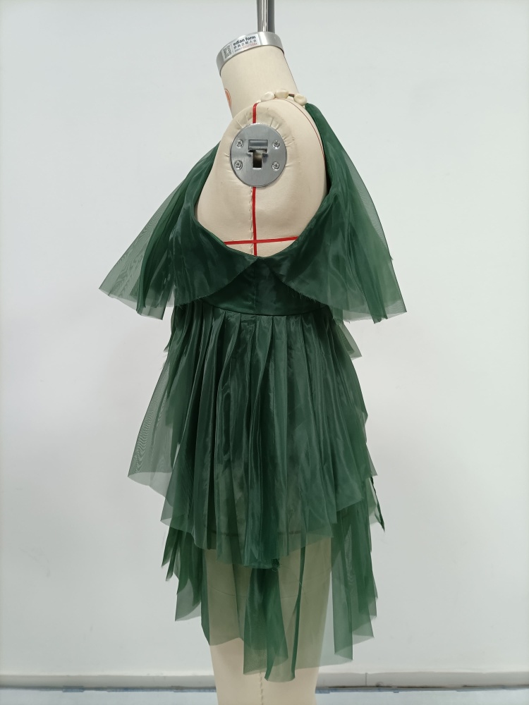 TWOTWINSTYLE Asymmetrical Pearl Halter Tulle Ruffle Shirt