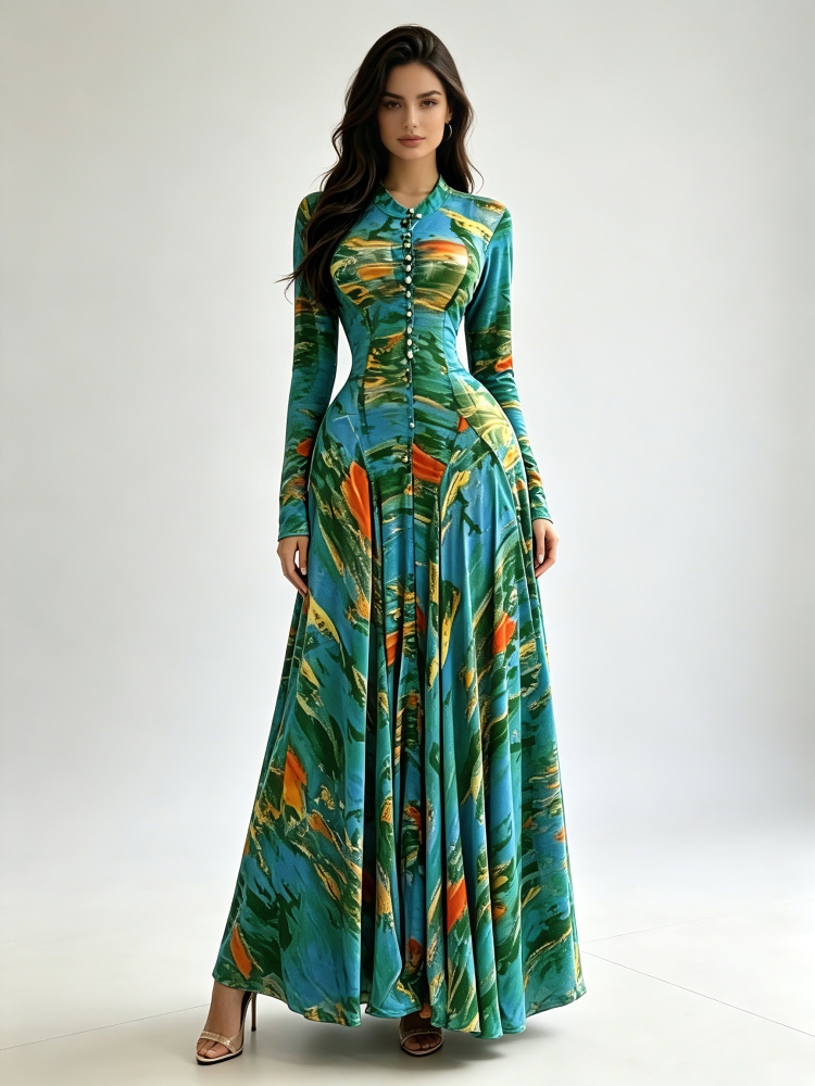 TWOTWINSTYLE Long Sleeve Spliced Pearls Vintage Artistic Maxi Dress