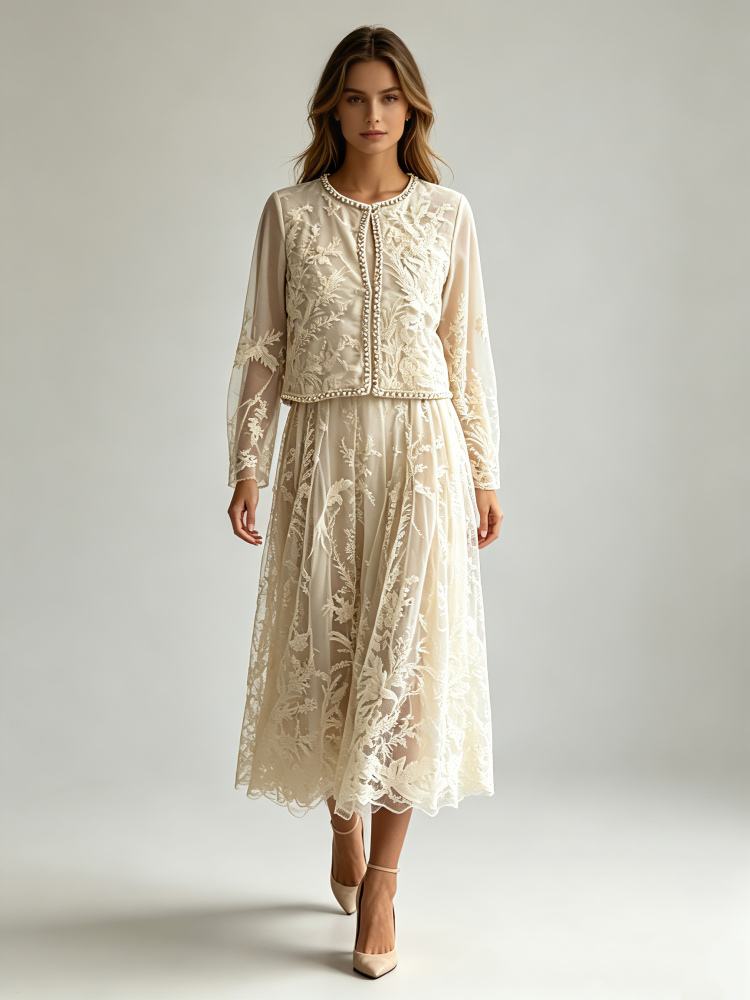 TWOTWINSTYLE Patchwork Pearl Long Sleeve Top High Waist Embroidery Fashion Dress