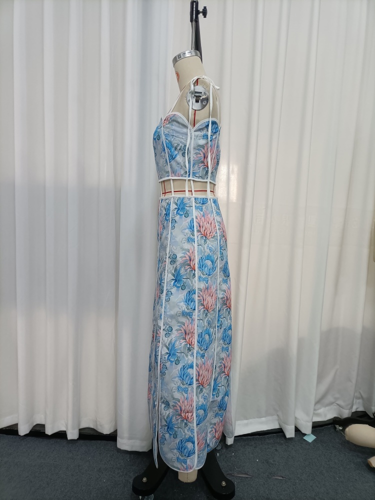 TWOTWINSTYLE Spliced Print Hollow Out Design Camisole Dress