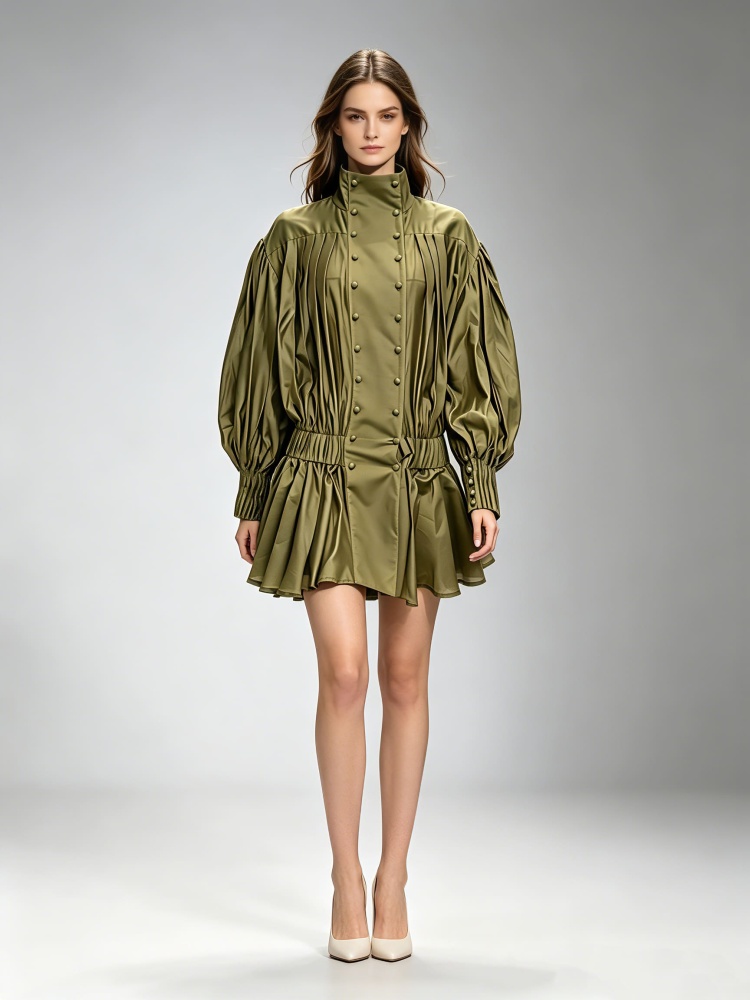TWOTWINSTYLE Stand Collar Double Breasted Puff Sleeve Vintage Dress