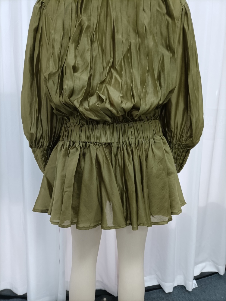 TWOTWINSTYLE Stand Collar Double Breasted Puff Sleeve Vintage Dress