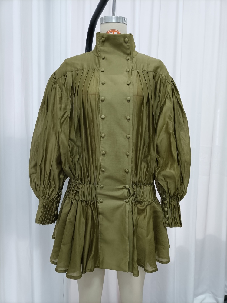 TWOTWINSTYLE Stand Collar Double Breasted Puff Sleeve Vintage Dress