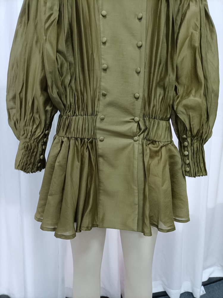 TWOTWINSTYLE Stand Collar Double Breasted Puff Sleeve Vintage Dress