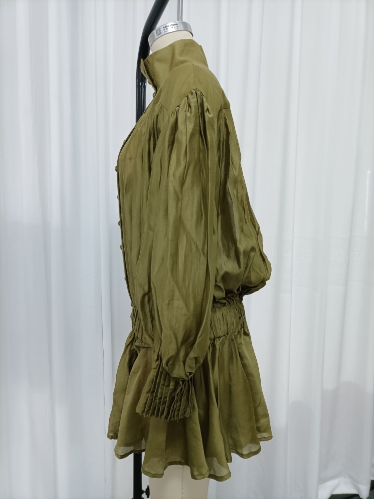 TWOTWINSTYLE Stand Collar Double Breasted Puff Sleeve Vintage Dress