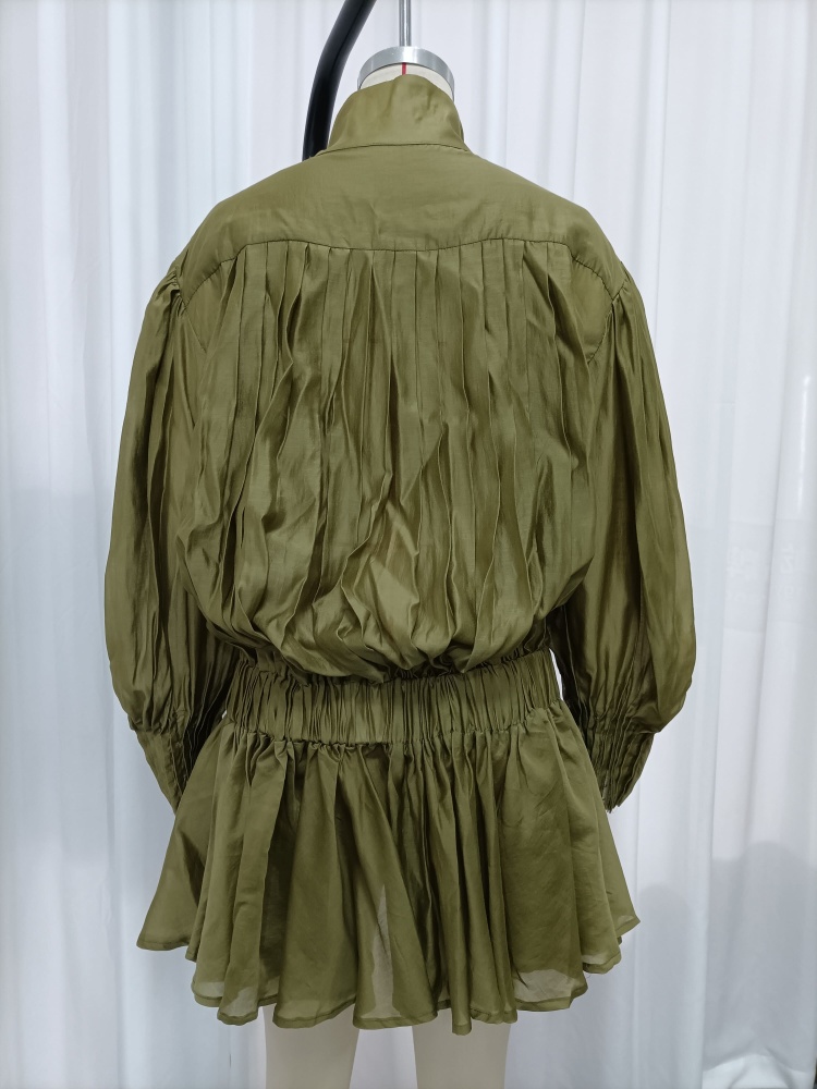 TWOTWINSTYLE Stand Collar Double Breasted Puff Sleeve Vintage Dress