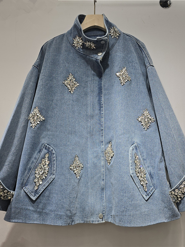 TWOTWINSTYLE Stand Collar Patchwork Diamond Fashion Denim Coat
