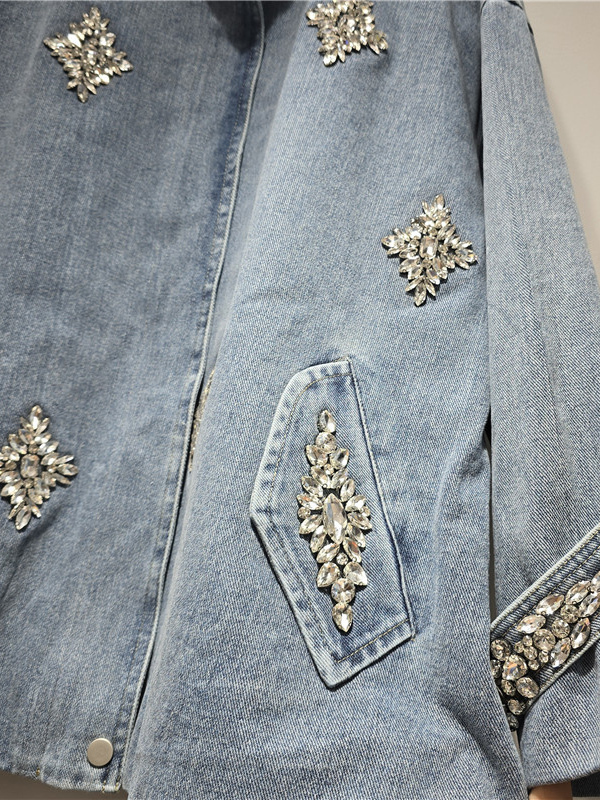 TWOTWINSTYLE Stand Collar Patchwork Diamond Fashion Denim Coat