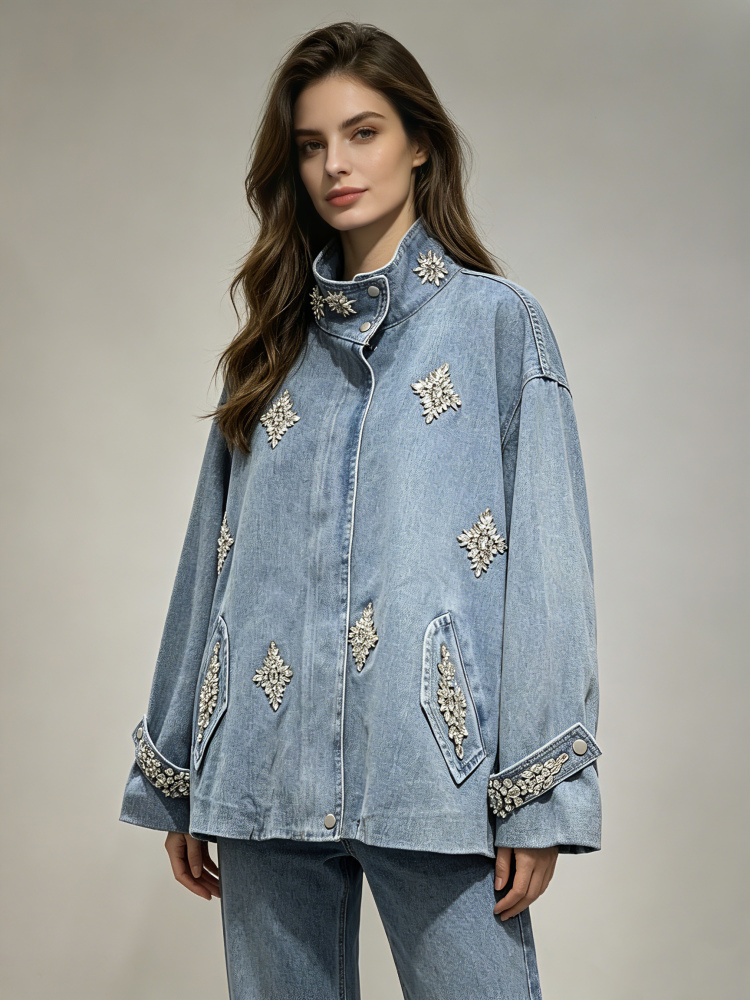 TWOTWINSTYLE Stand Collar Patchwork Diamond Fashion Denim Coat