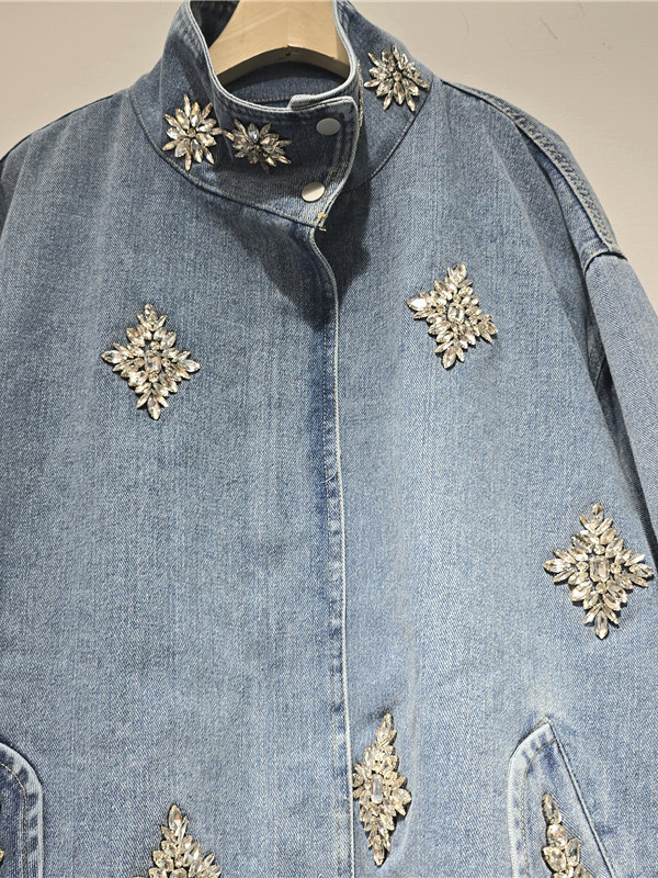 TWOTWINSTYLE Stand Collar Patchwork Diamond Fashion Denim Coat