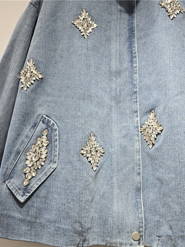 TWOTWINSTYLE Stand Collar Patchwork Diamond Fashion Denim Coat
