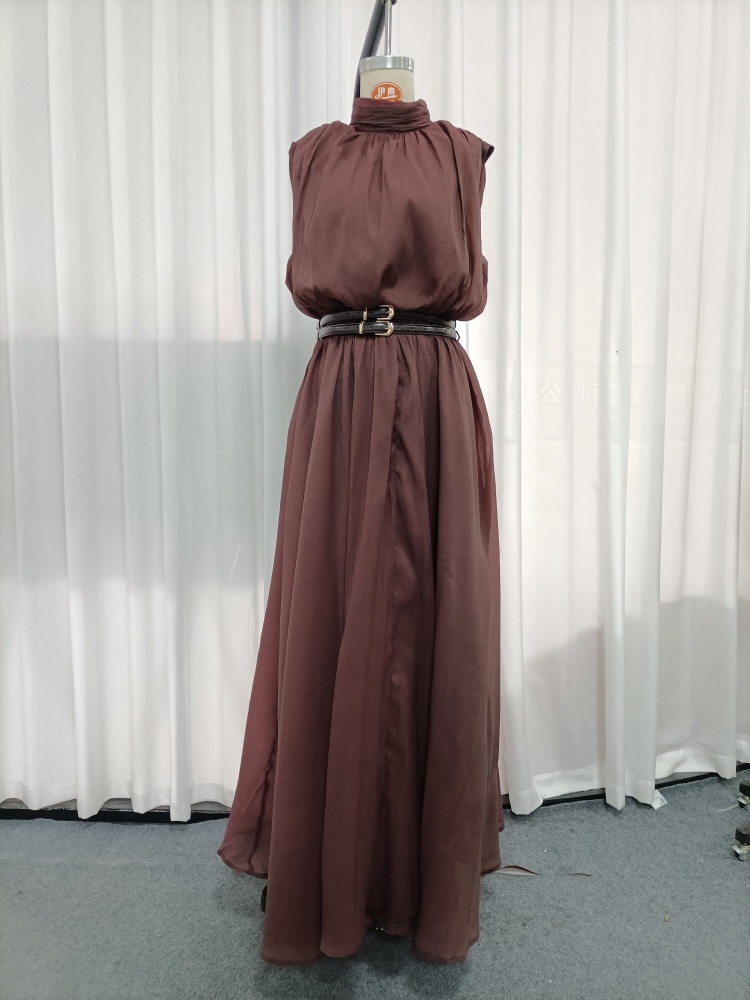 TWOTWINSTYLE Stand Collar Sleeveless Patchwork Waist Belt Fashion Dress
