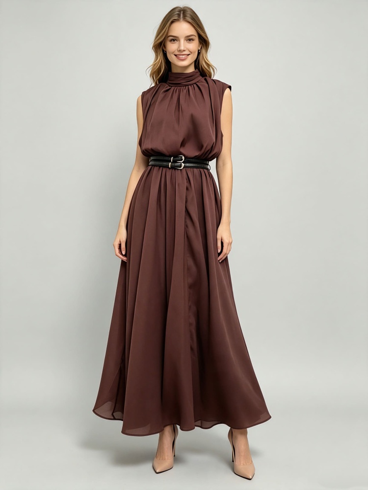 TWOTWINSTYLE Stand Collar Sleeveless Patchwork Waist Belt Fashion Dress