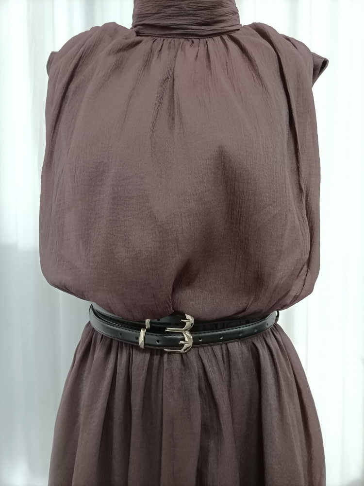 TWOTWINSTYLE Stand Collar Sleeveless Patchwork Waist Belt Fashion Dress