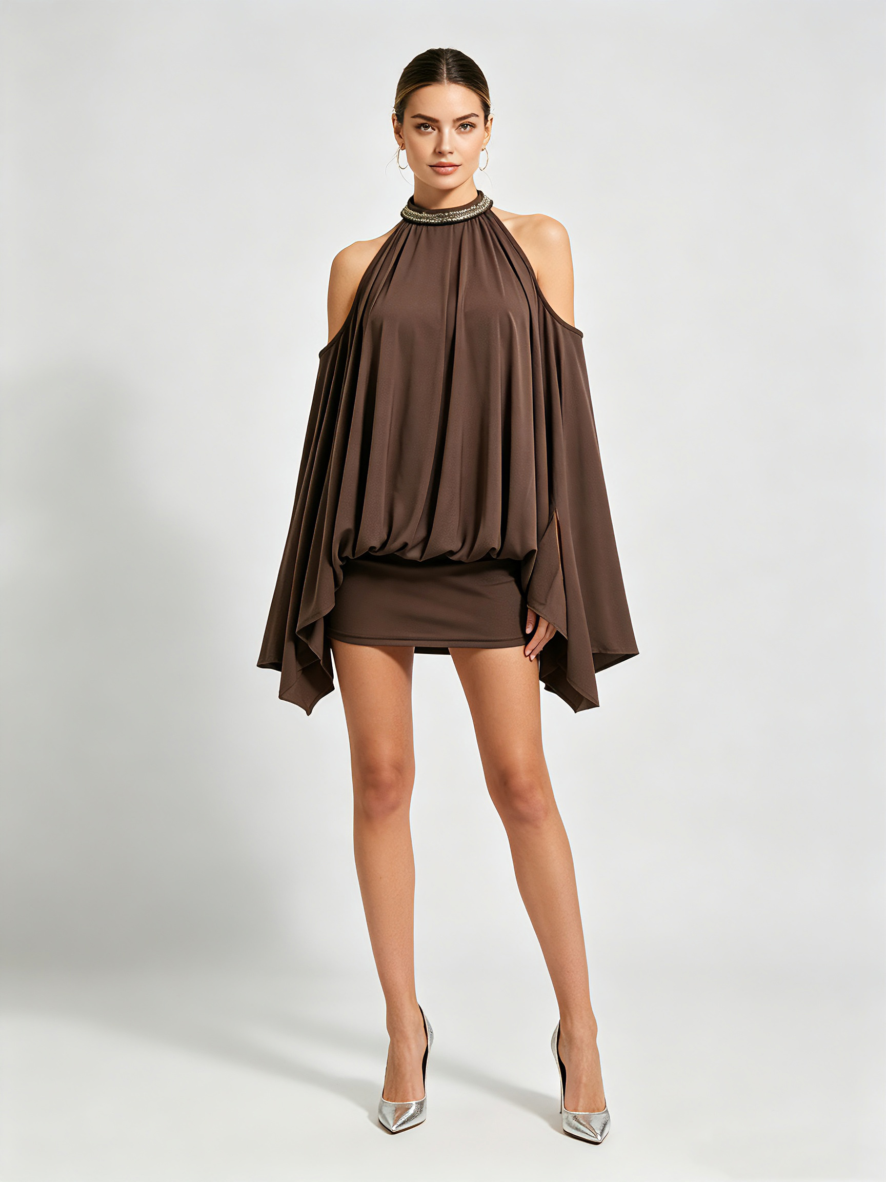 TWOTWINSTYLE Beaded Halter Off Shoulder Batwing Vintage Dress