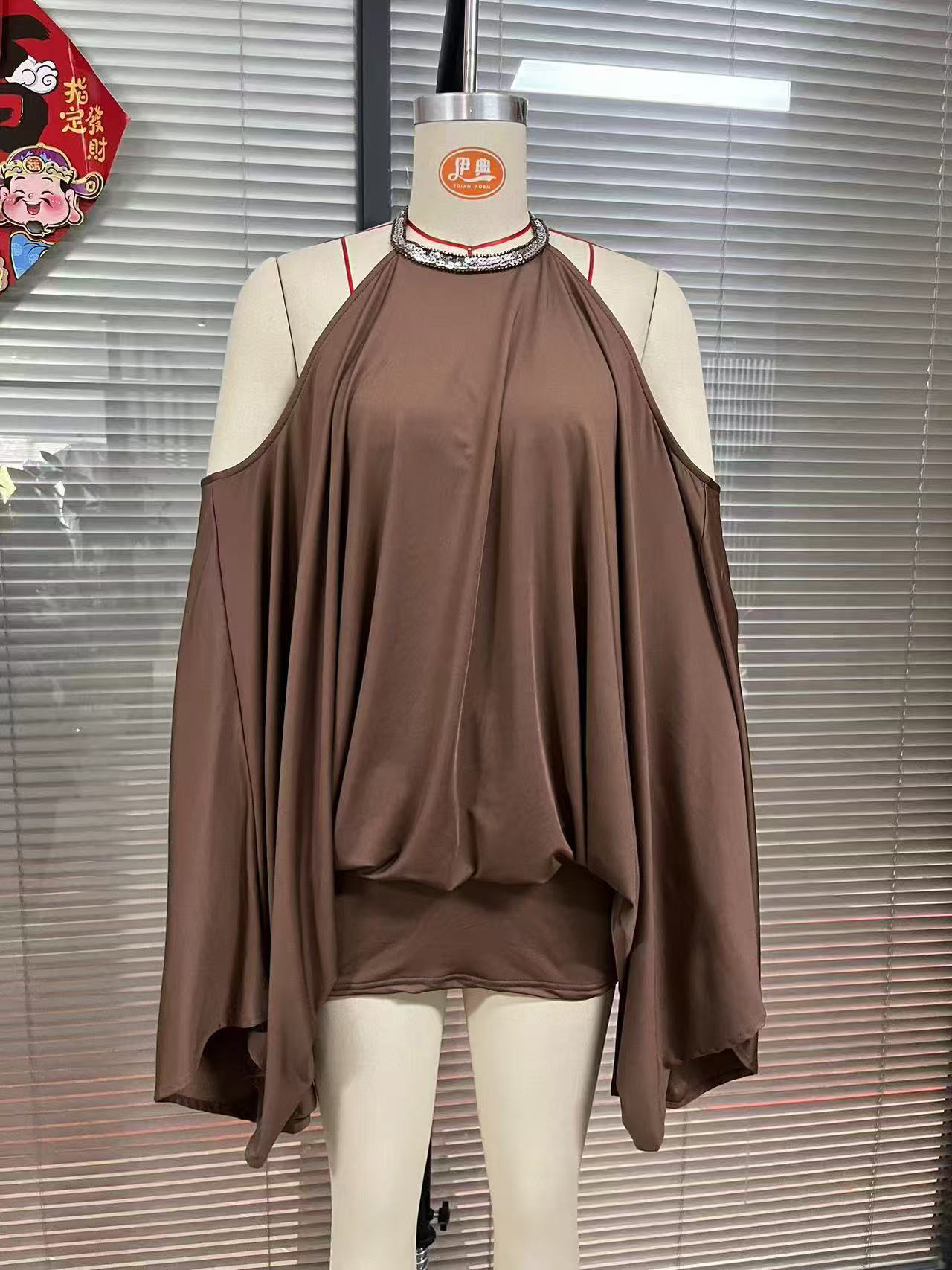 TWOTWINSTYLE Beaded Halter Off Shoulder Batwing Vintage Dress