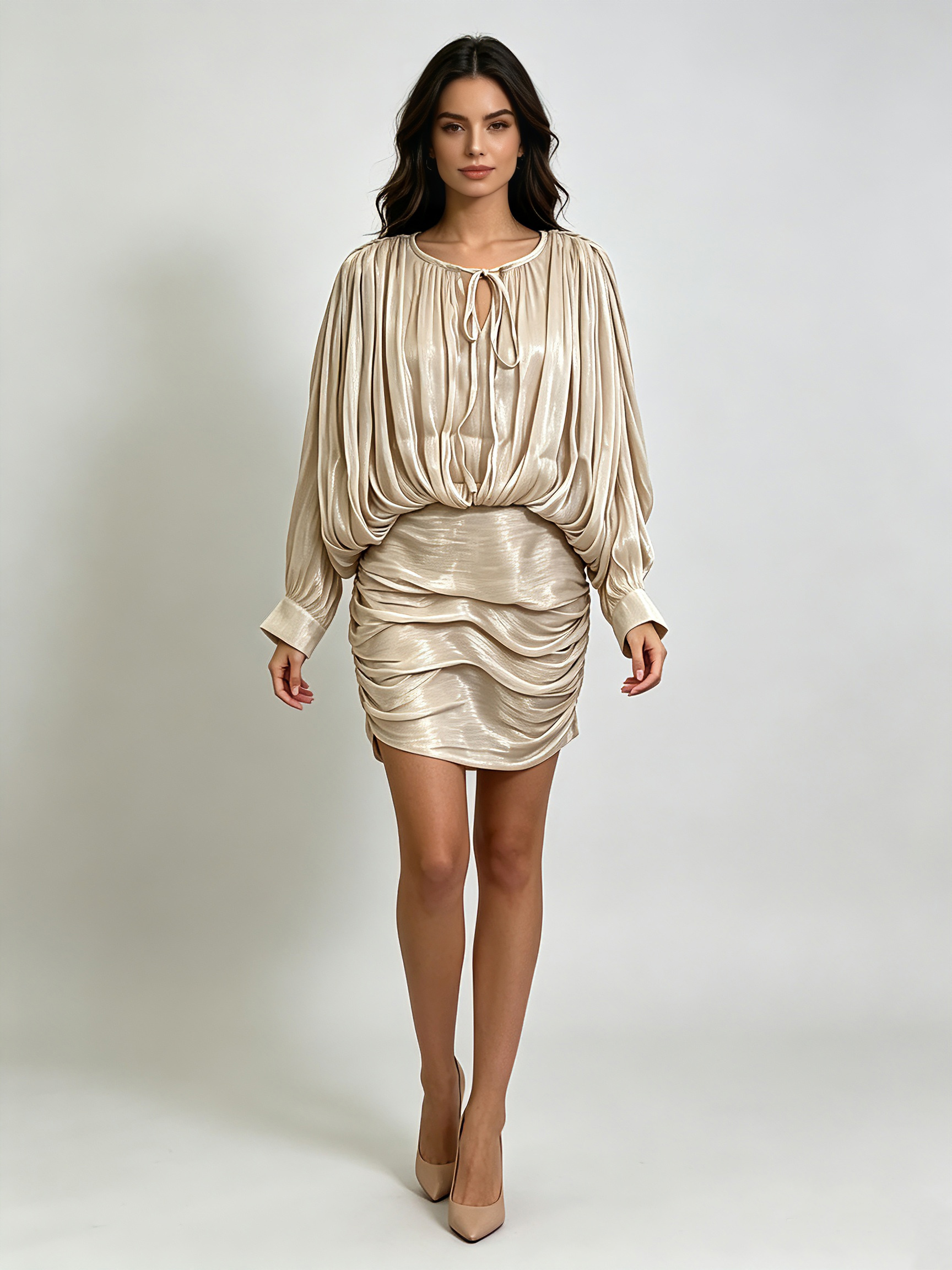 TWOTWINSTYLE Pleated Round Neck Tunic Bodycon Elegant Dress