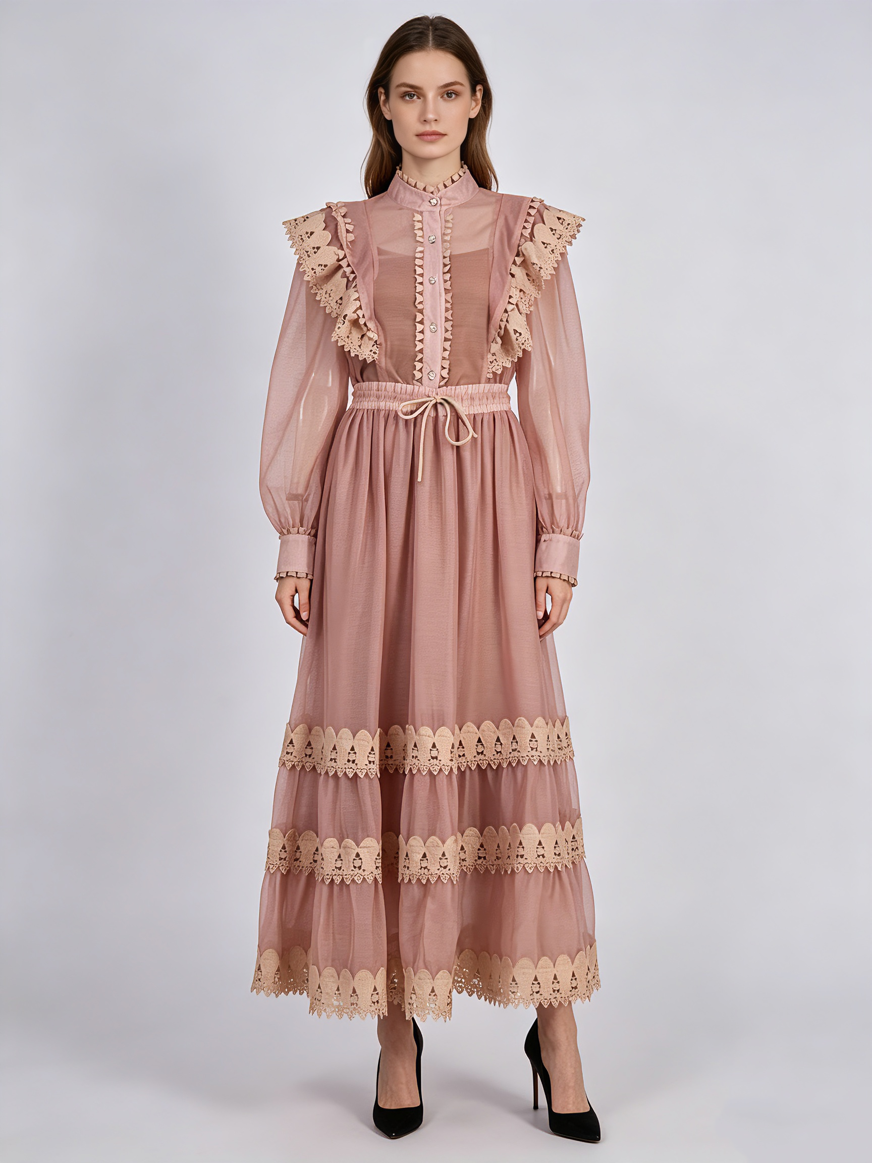 TWOTWINSTYLE Ruffled Stand Collar Tunic Minimalist Dress