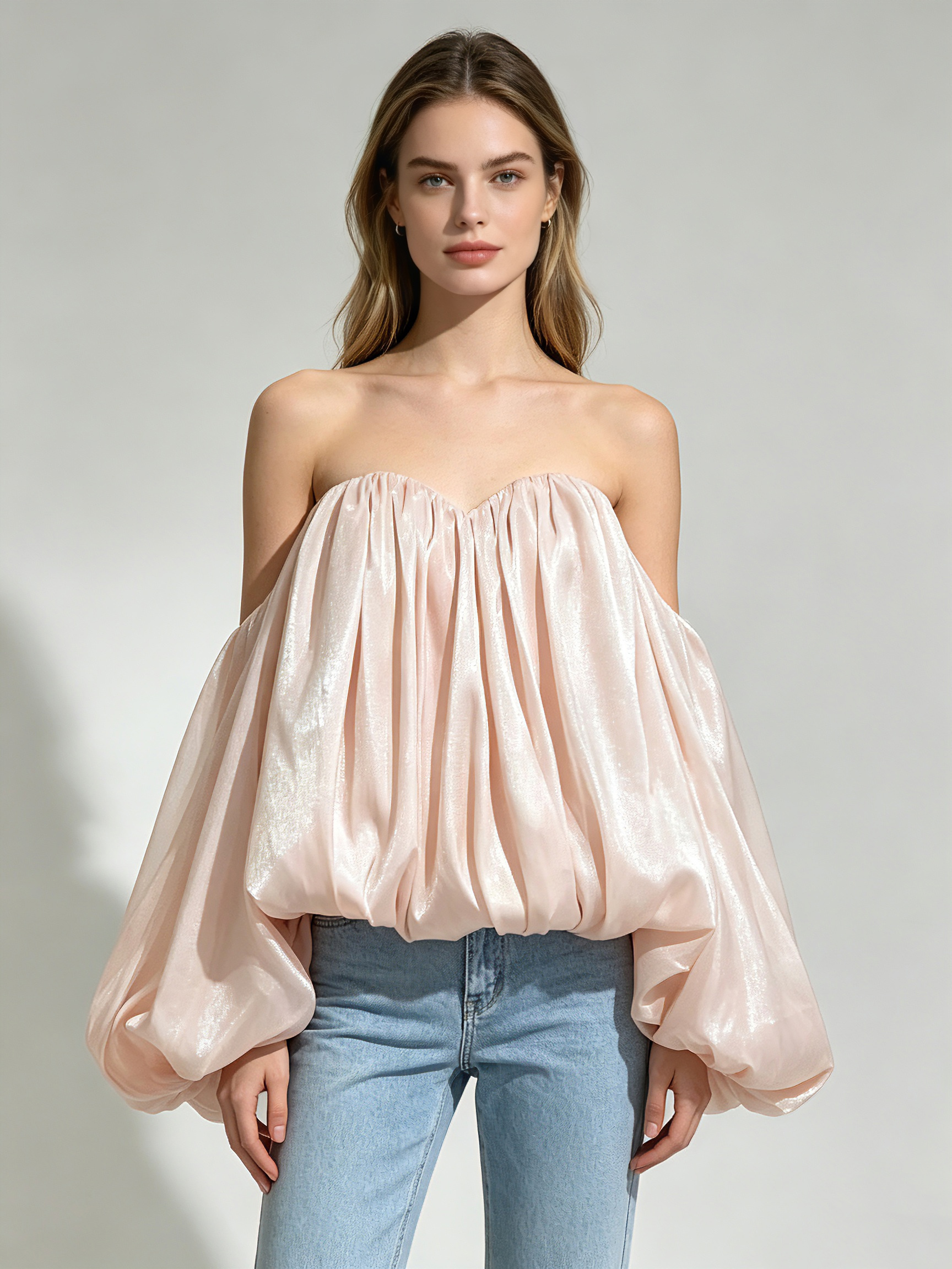 TWOTWINSTYLE Shimmer Off Shoulder Bubble Sleeve Blouse