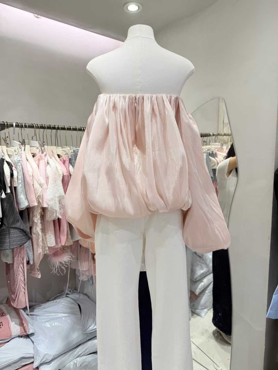 TWOTWINSTYLE Shimmer Off Shoulder Bubble Sleeve Blouse