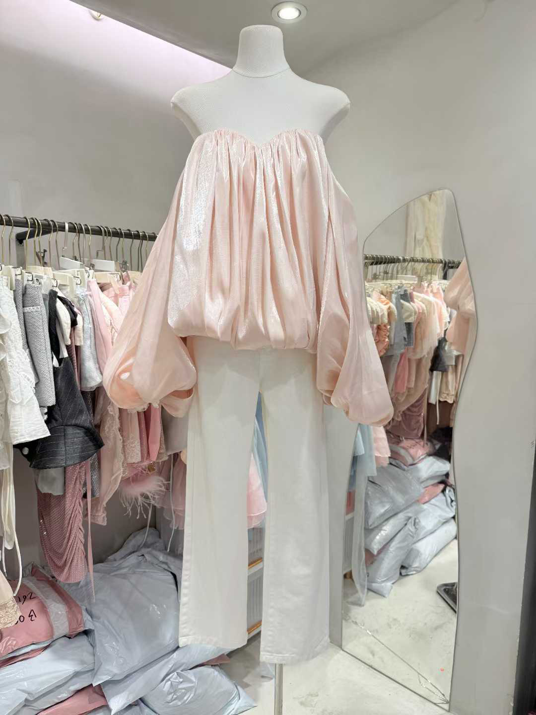 TWOTWINSTYLE Shimmer Off Shoulder Bubble Sleeve Blouse