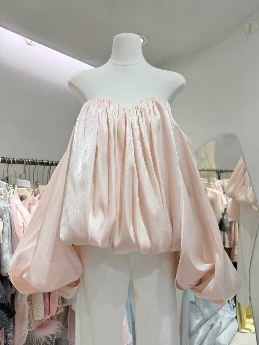 TWOTWINSTYLE Shimmer Off Shoulder Bubble Sleeve Blouse