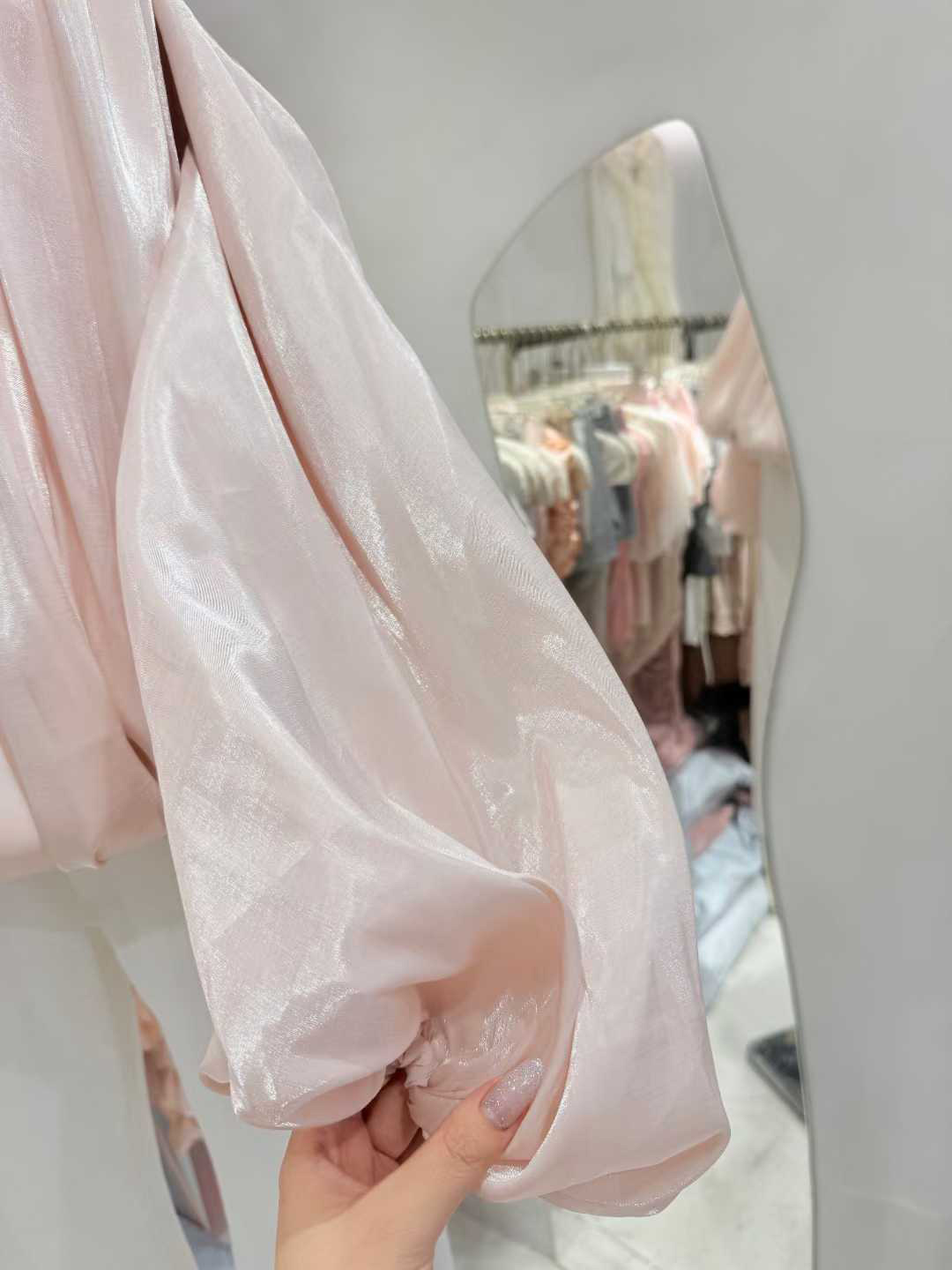 TWOTWINSTYLE Shimmer Off Shoulder Bubble Sleeve Blouse