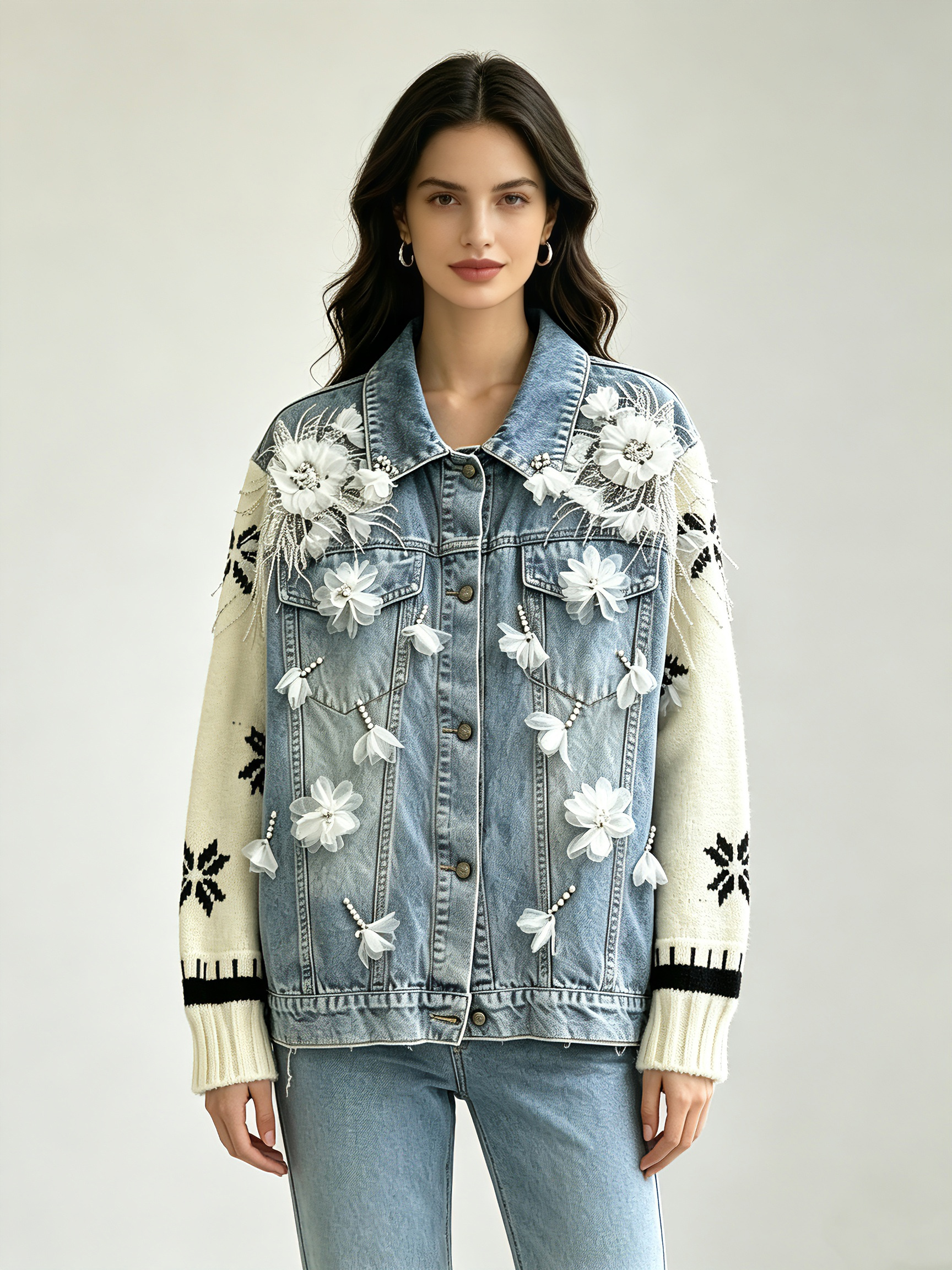 TWOTWINSTYLE 3D Floral Applique Denim Jacket Knit Contrast Sleeve Oversized Coat