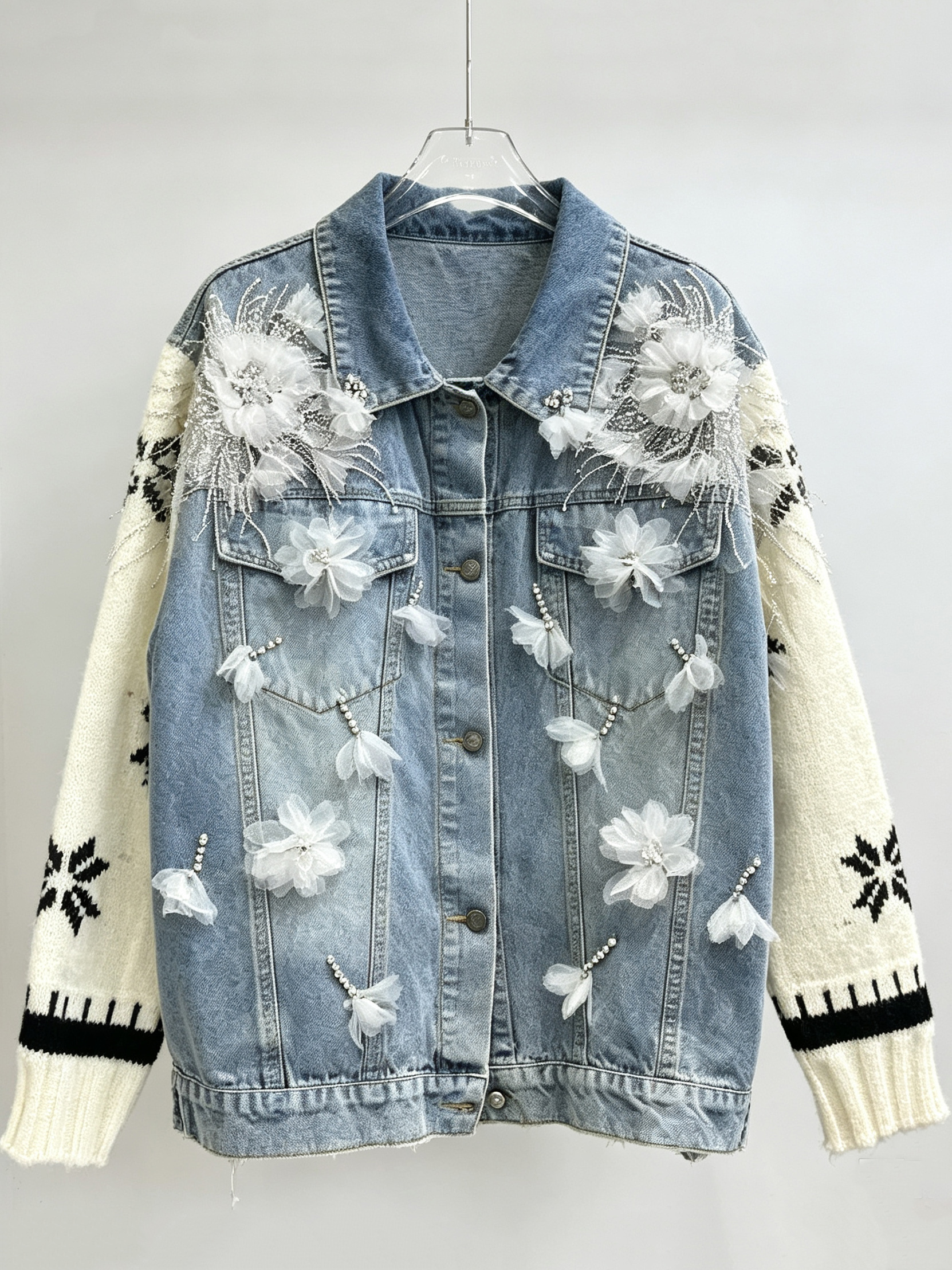 TWOTWINSTYLE 3D Floral Applique Denim Jacket Knit Contrast Sleeve Oversized Coat