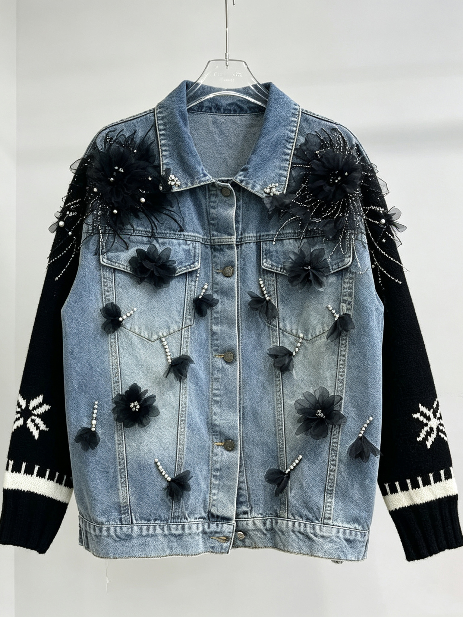 TWOTWINSTYLE 3D Floral Applique Denim Jacket Knit Contrast Sleeve Oversized Coat