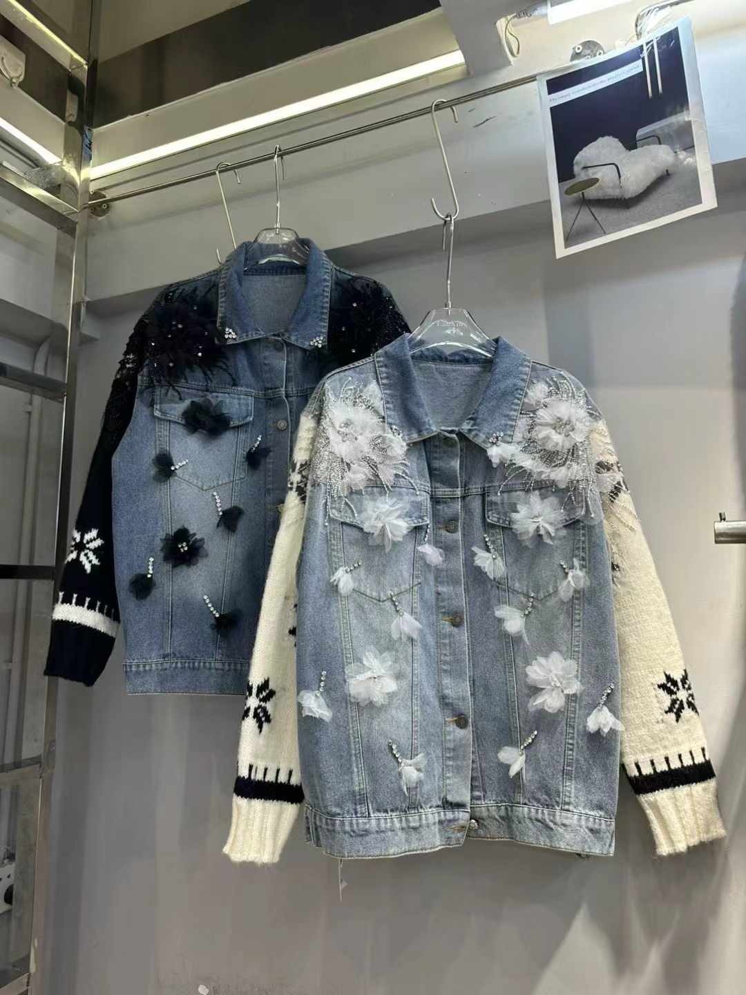 TWOTWINSTYLE 3D Floral Applique Denim Jacket Knit Contrast Sleeve Oversized Coat