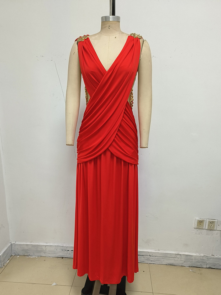 TWOTWINSTYLE Bare Midriff Patchwork Chain Pleated Sexy Dress