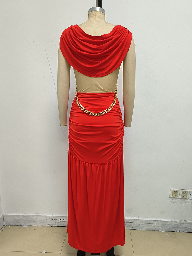 TWOTWINSTYLE Bare Midriff Patchwork Chain Pleated Sexy Dress