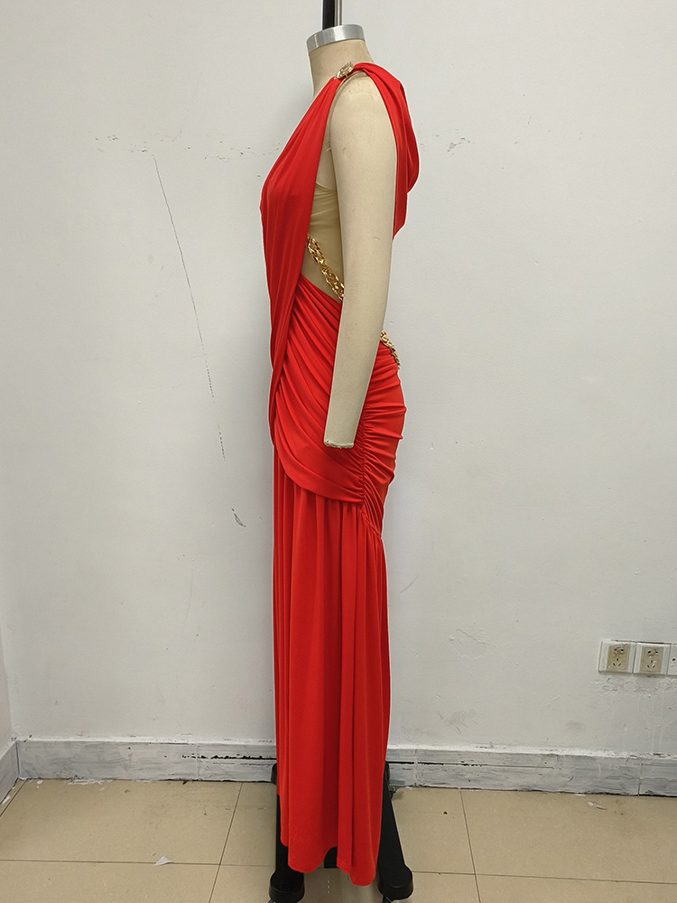 TWOTWINSTYLE Bare Midriff Patchwork Chain Pleated Sexy Dress