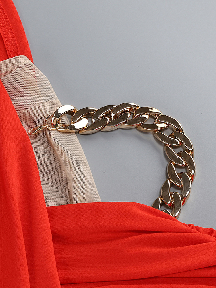 TWOTWINSTYLE Bare Midriff Patchwork Chain Pleated Sexy Dress