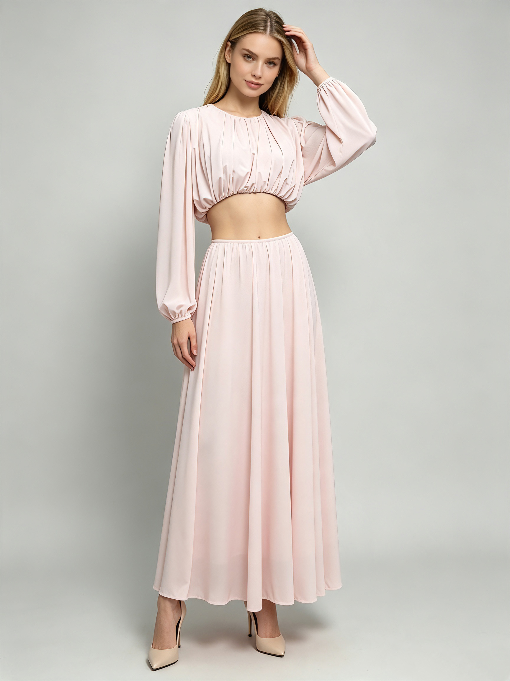 TWOTWINSTYLE Round Neck Long Sleeve Crop Top High Waist Skirt Fashion Set