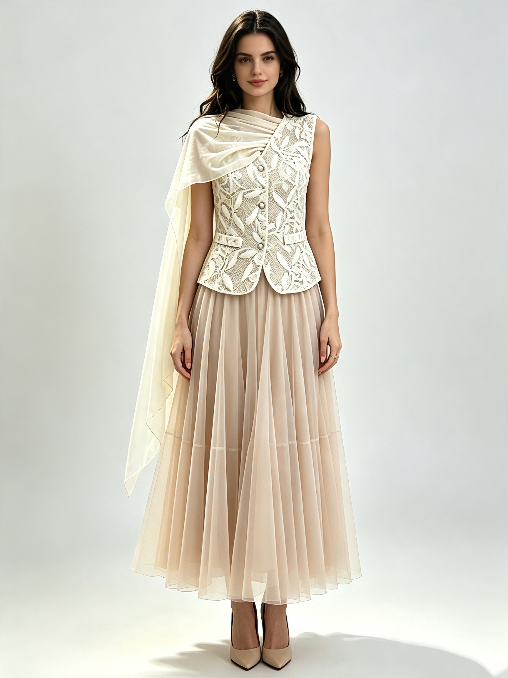 TWOTWINSTYLE Sleeveless Spliced Lace Up Vest Mesh Skirt Elegant Set