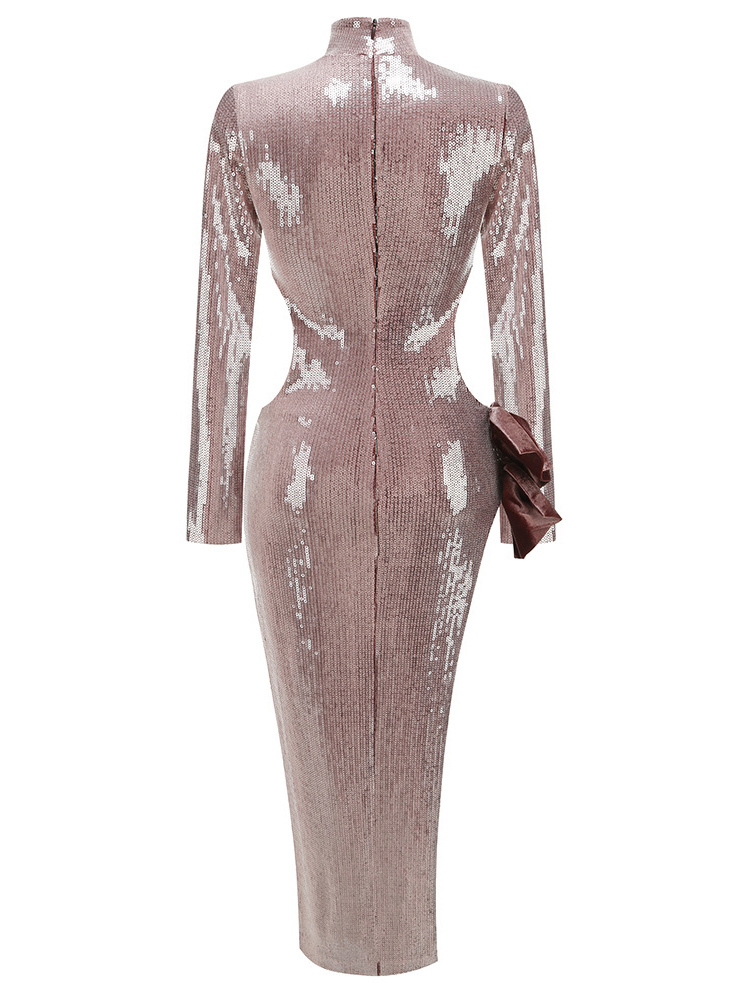 TWOTWINSTYLE Stand Collar Hollow Out Side Split Spliced Sequins Fashion Dress