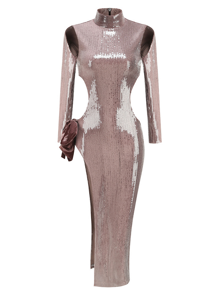 TWOTWINSTYLE Stand Collar Hollow Out Side Split Spliced Sequins Fashion Dress