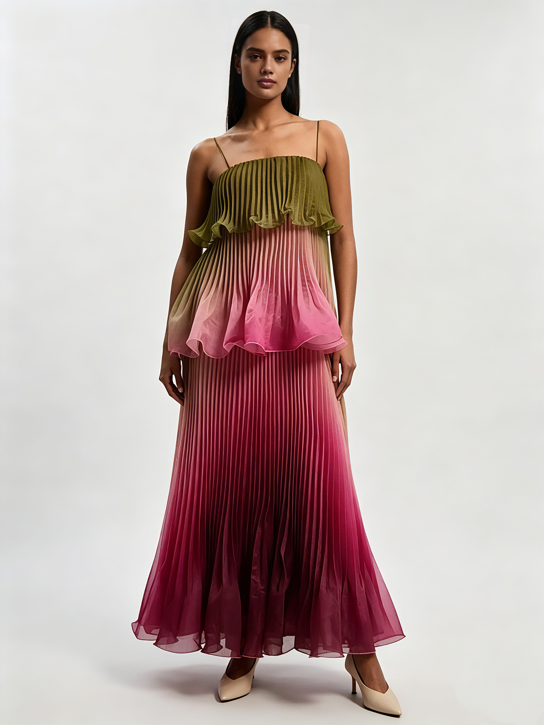 TWOTWINSTYLE Off Shoulder Pleated Ruffles Gradient Chic Dress