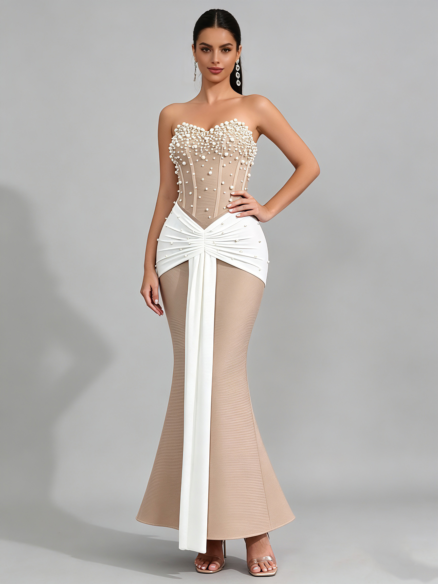 TWOTWINSTYLE Off Shoulder Spliced Pearl Hit Color Fashion Dress
