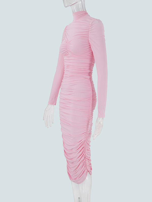 TWOTWINSTYLE Stand Collar Long Sleeve Ruched Elegant Dress