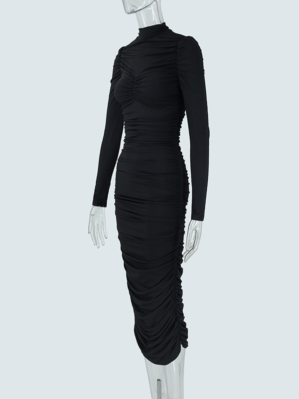 TWOTWINSTYLE Stand Collar Long Sleeve Ruched Elegant Dress